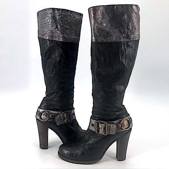 Vic Matie Steampunk Bikercore Leather Metallic Harness Buckle Heeled Moto Boots - Picture 1 of 16